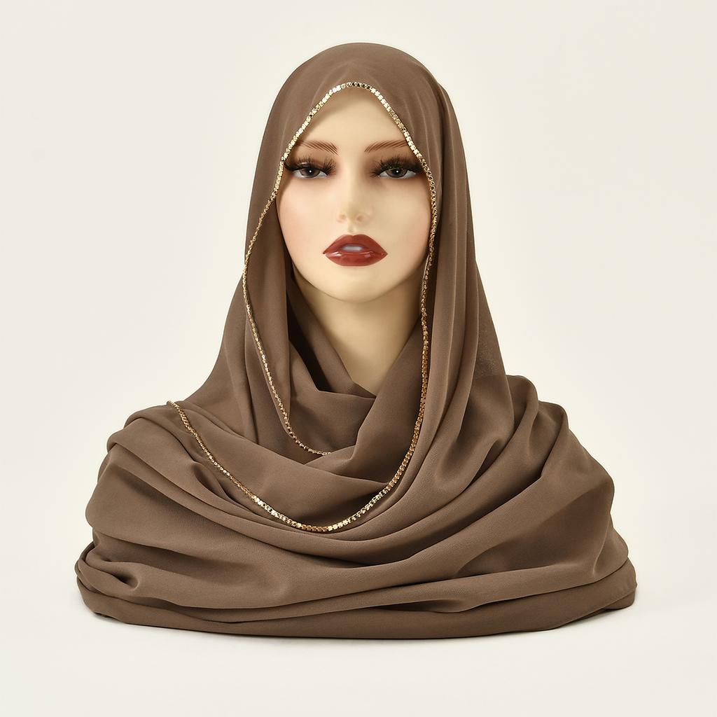 Muslim Chiffon Hijab Women Glitter Chain Edge Premium Chiffon Scarf Solid Color Plain Shawl Unique Edge Design Headscarf Wraps