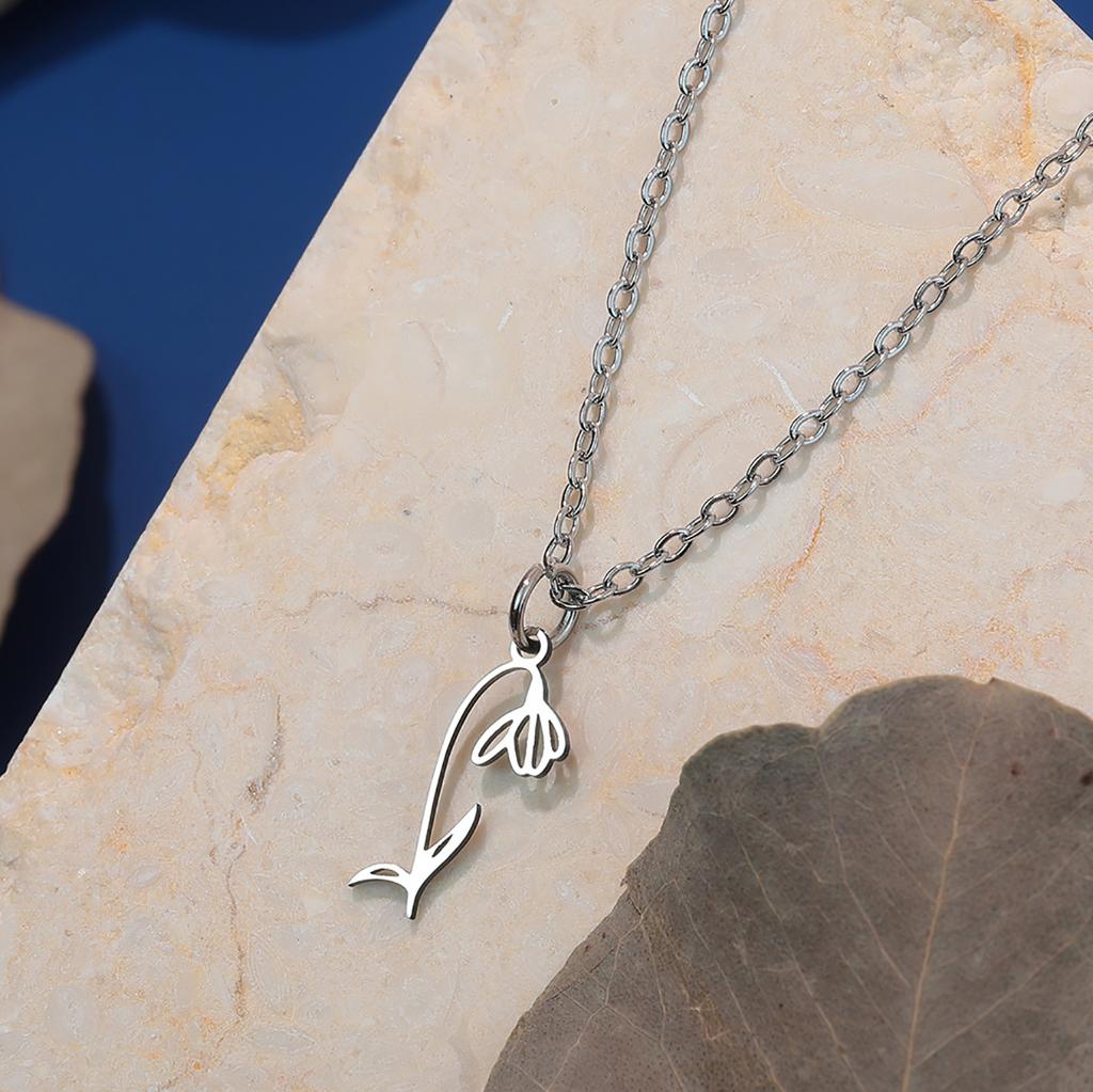 Kinitial 12 Birth Month Flower Pendant Necklaces For Women Snowdrop Choker Stainless Steel Jewelry Wedding Birthday Gift