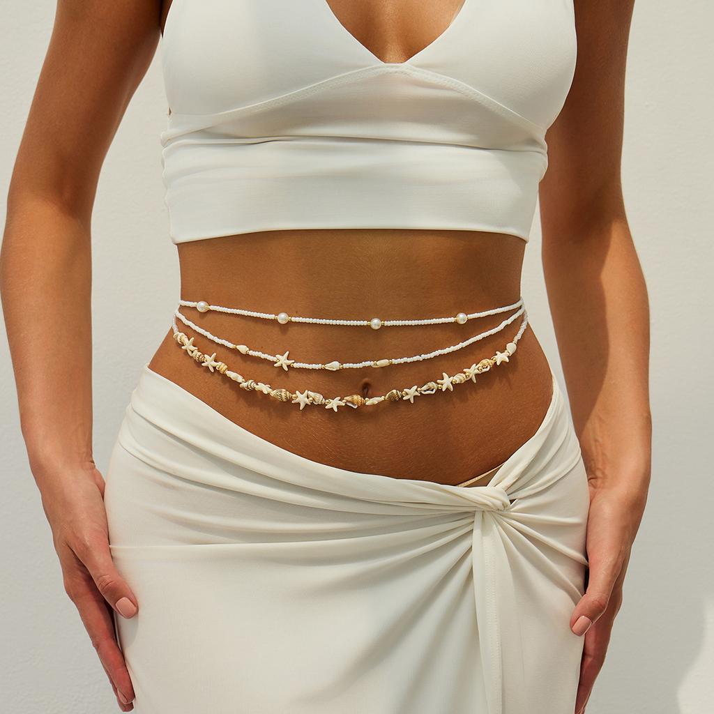 Beach Vacation Conch Starfish Imitation Pearl Waist Chain, Turtle Rice Bead Beaded Elastic Body Chain