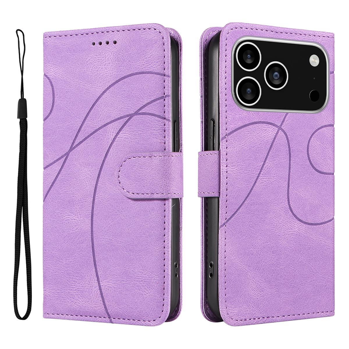 

For iPhone 17 Pro Wallet Case Leather Phone Cover Stand with Curved Line Design - Light Purple