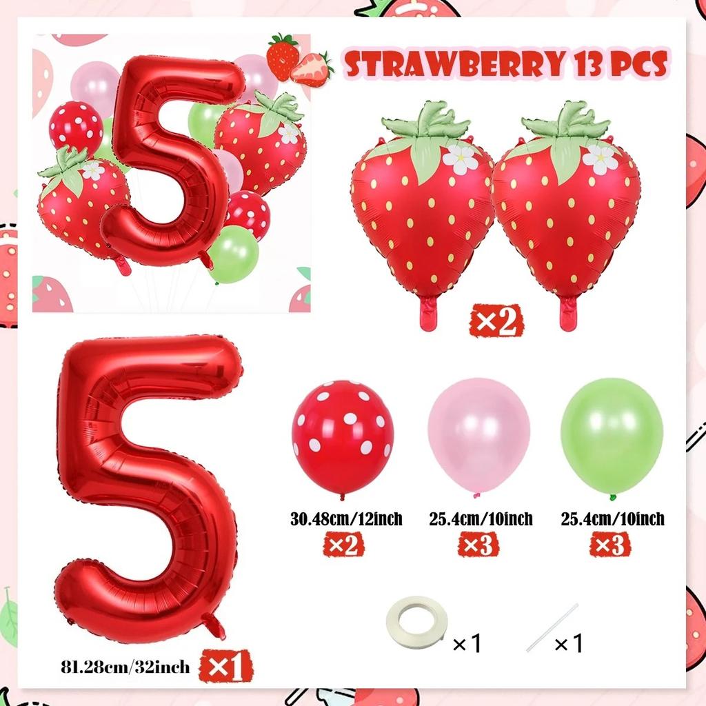 13pcs strawberry balloon aluminum foil balloon set with polka dot latex balloons for birthday party and anniversary decoration