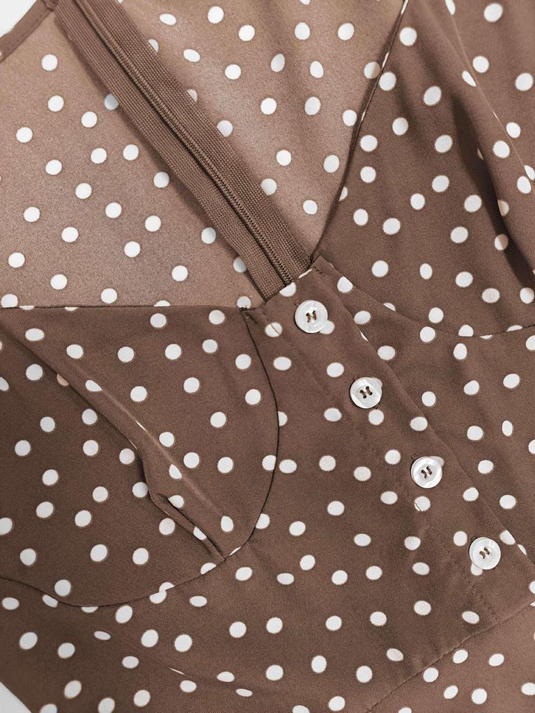 Retro Polka Dot Deep V-Neck Cinched Waist Midi Dress - European and American Vacation Style