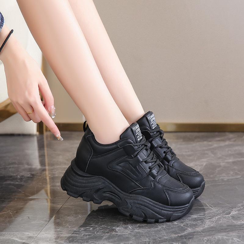 Fashion Women's White Platform Sneakers Thick Sole Vulcanize Shoes Black Chunky Sneakers Spring Leather Breathable Sports Shoes Ladies