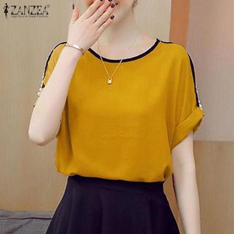 

ZANZEA женская летняя повседневная прямая свободная блузка с круглым вырезом и короткими рукавами, цветных блоков 5XL зелёный