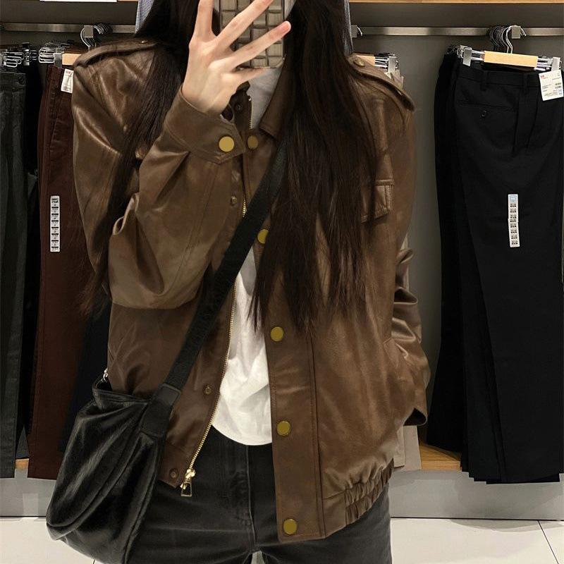 Lederjacke Damen Kurz Frühling und Herbst Neue Mode Einfach Ausländisch Vielseitig Lederjacke