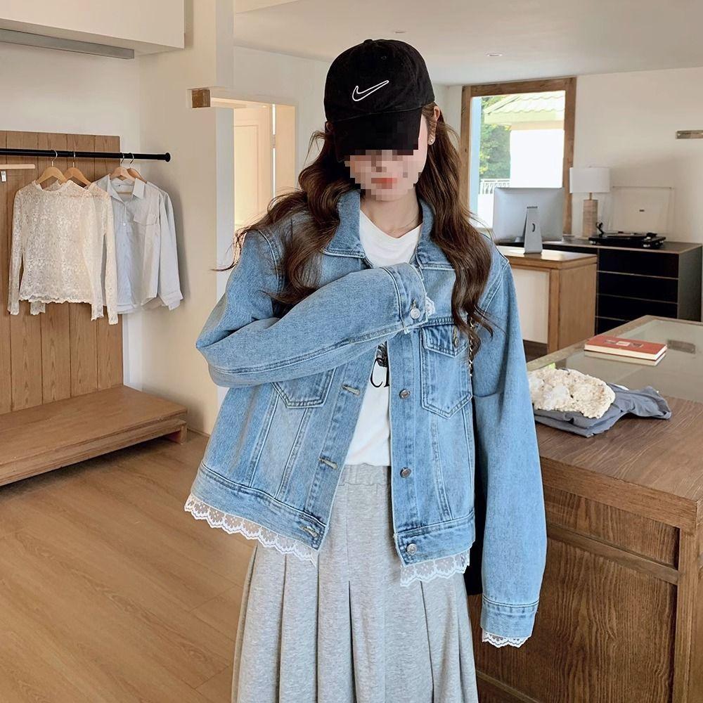 Popular Lace-Trimmed Denim Jacket for Women - Petite, Versatile Spring Wear with a Hot Look
