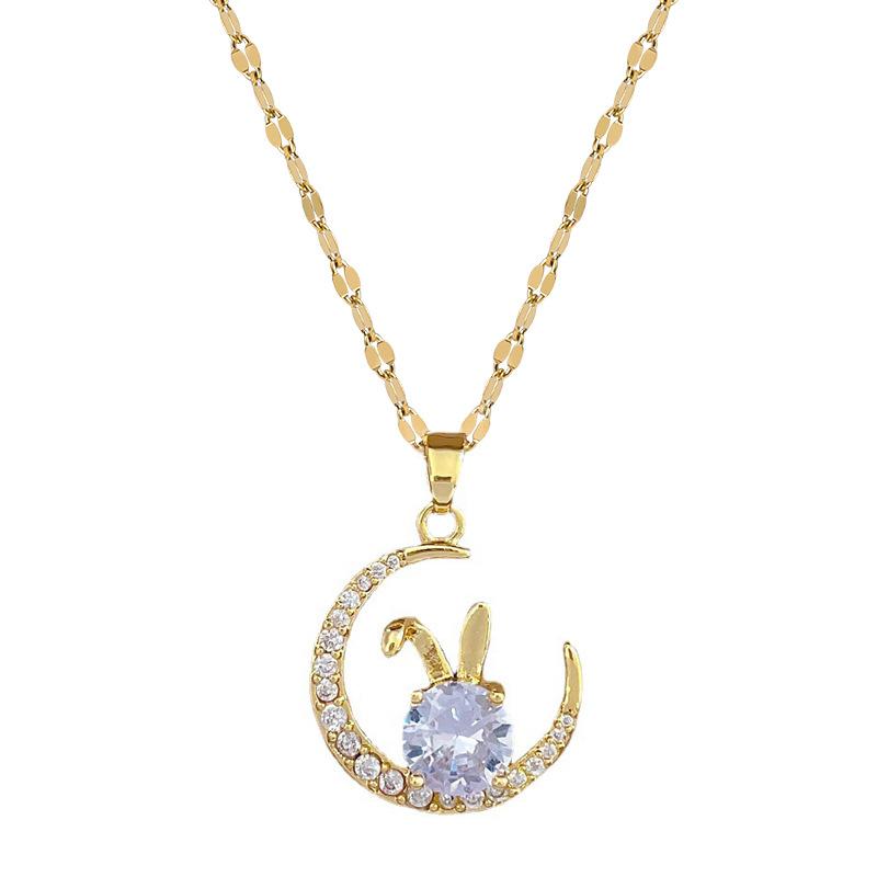 Titanium Steel Moon Rabbit Full Diamond Luxury Banquet Wedding Necklace Female Versatile Clavicle Chain Titanium Steel