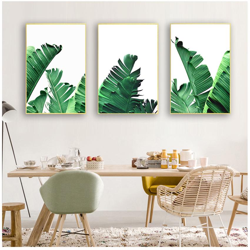 Blatt-Leinwanddrucke und Poster, Wandkunst, Heimdekoration, nordische grüne Pflanzen-Leinwand-Malerei, Wandbilder, tropische Palmen-Bananen-Schildkröte