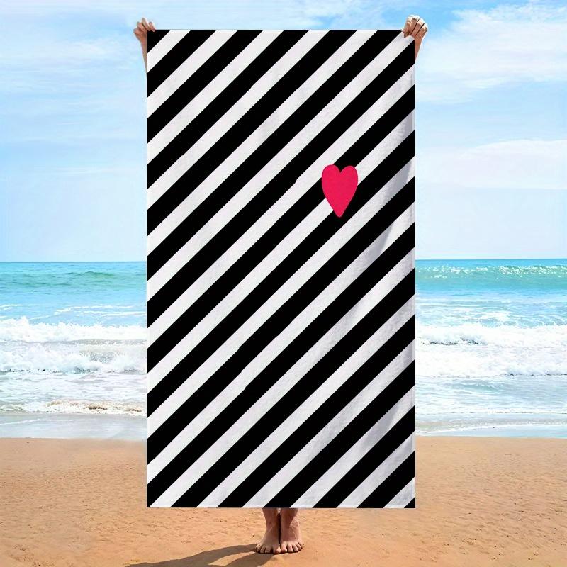 

Minimalist Black White Striped Beach Towel with Red Heart Microfiber Soft Quick Drying Bath Towel for Swimming Travel Gym W40*H60(CM)