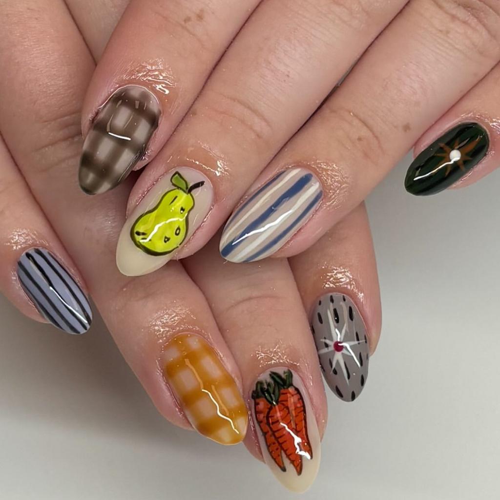 24PCS Playful Retro Almond Stick on Fake Nails Colorful Swirl Stripes with Checkered Patterns Short Oval False Nails Sweet Cool