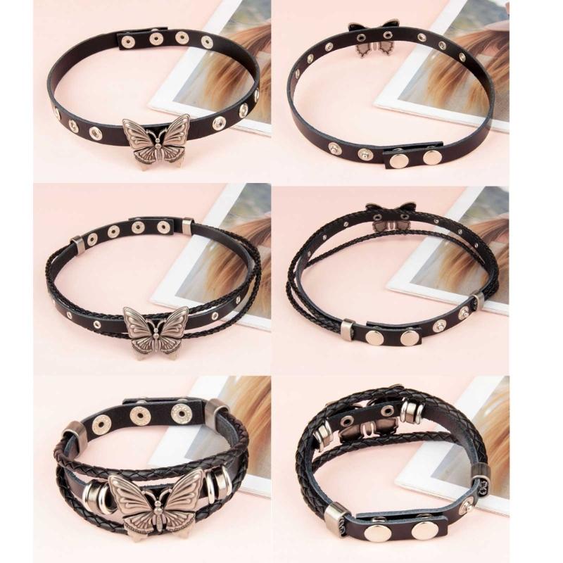 Women Men Cool Punk Choker Necklaces Bracelet Gothic Butterfly Pendant Biker Choker PU Leather Collar Sexy Jewelry Gift