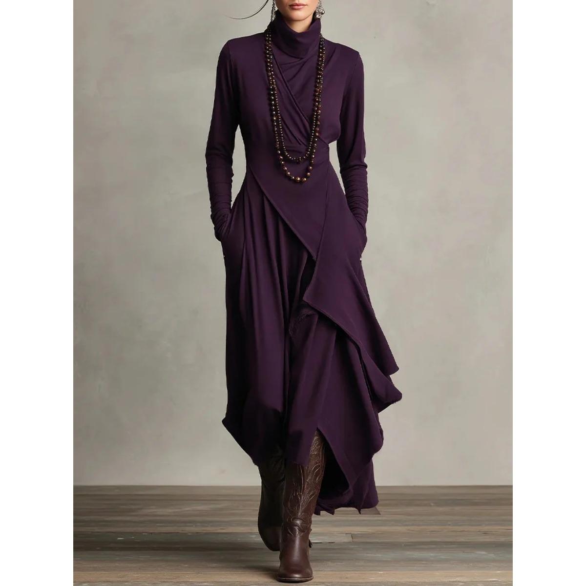 

Plus Size Women s Solid Color Long Sleeve Cross Wrap High Neck Long Dress Fall Autumn Outfits S фиолетовый
