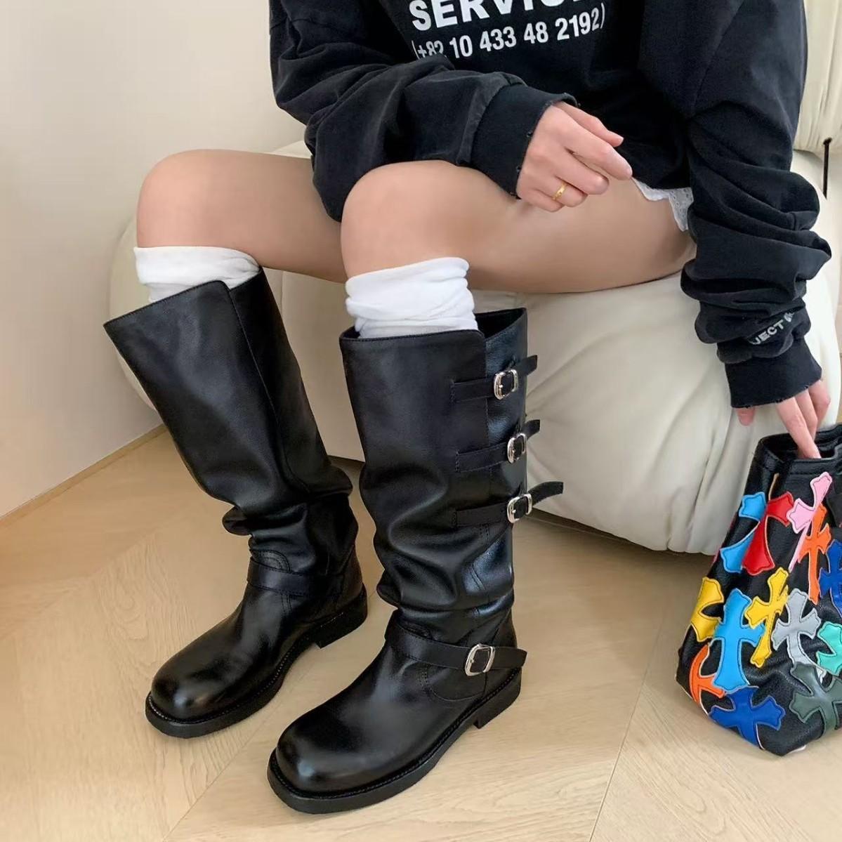 

Cowhide version of long boots women s belt buckle color matching boots stacking boots Korean version of tall leather thick heel knight boots women 40