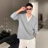 Men's Dark Grey V-Neck Faux Two-Piece Woolen Sweater, Winter Fashion, Trendy Old Money Style.