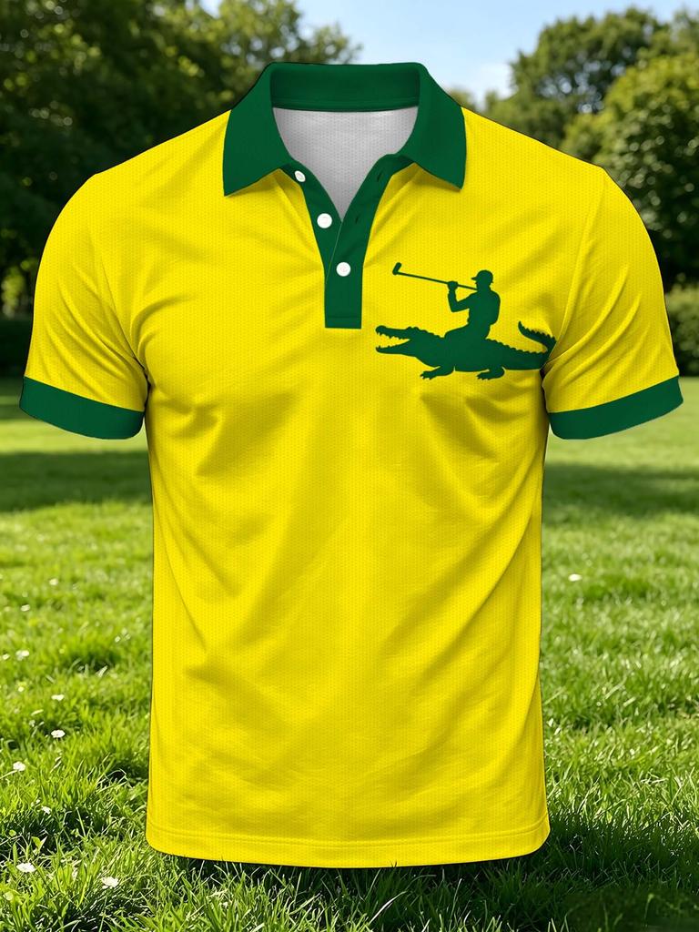 Men's Outdoor Polo Shirt, Available in Multiple Sizes, Featuring a Crocodile Rider Silhouette Print on the Chest. Vibrant, Casual, Stylish, and
