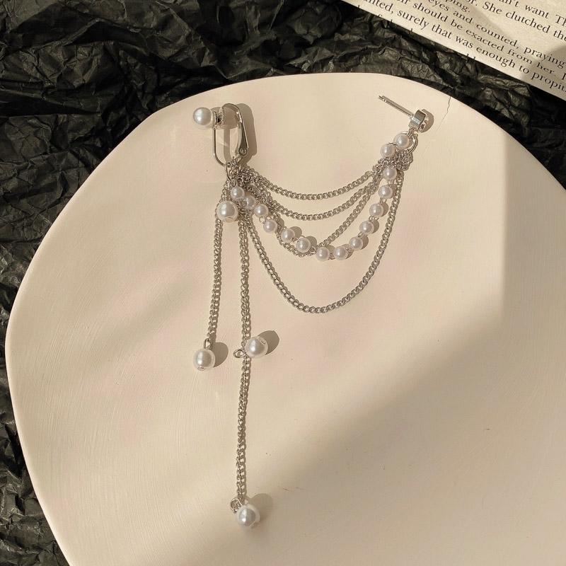 IF ME Korean Fashion Retro Asymmetrical Pearl Star Earrings Personality Exaggerated Tassel Ear Clip Jewelry Accessories
