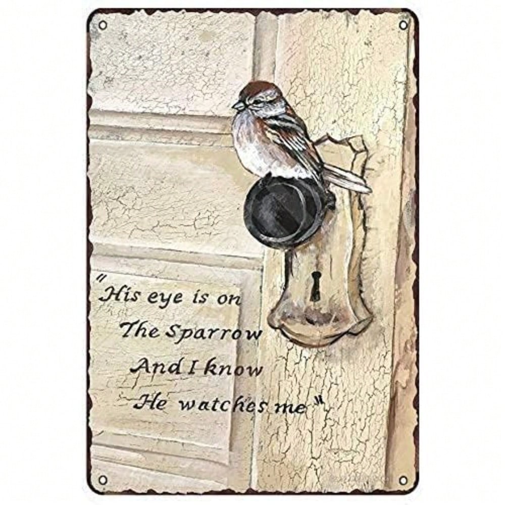 

Vintage Tin Sign His Eye Is On The Sparrow Wall Plaque 8x12 Inch Retro Kitchen Porch Home Decor Religious Scripture різнокольоровий