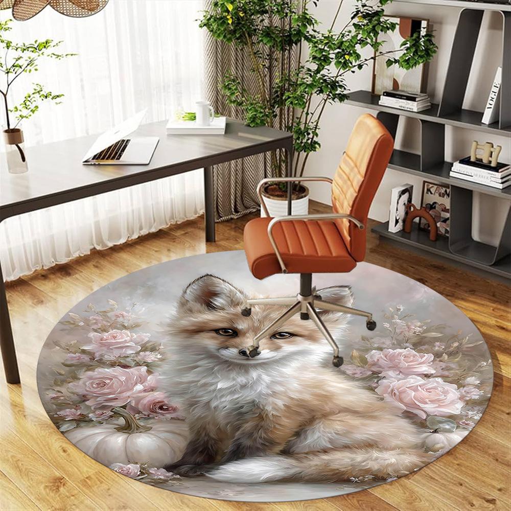 1pc Fox Flowers Round Chair Mat Area Rug - Non-Slip, Floor Mat for Office, Bedroom, and Indoor Decor-1002323