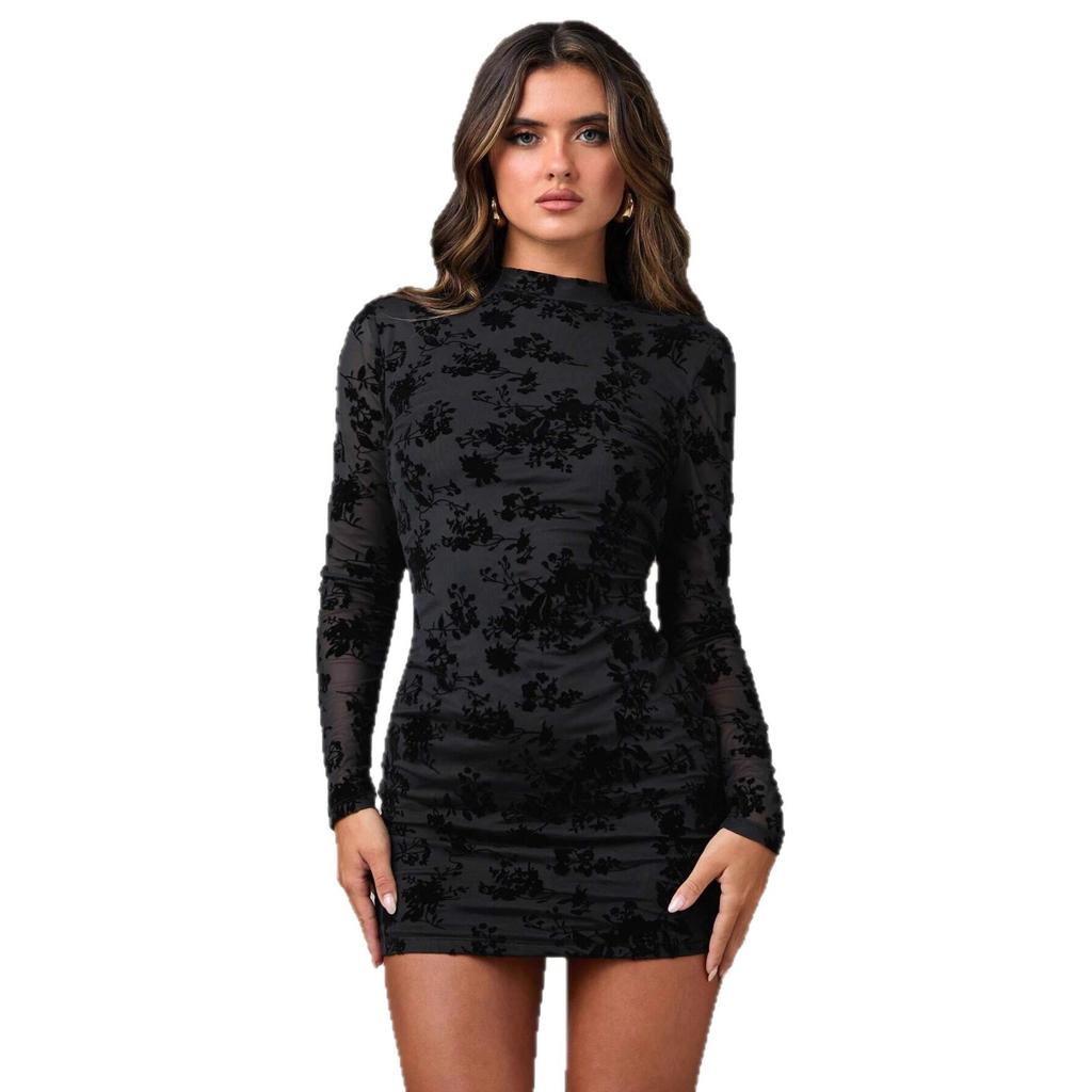 Abito Lungo Bodycon Slim Fit Sexy da Donna per la Primavera, Schiena Scoperta, Lavorato a Maglia, Flockato, Stile Maturo, Patchwork Retrò Francese, Sexy Elegante