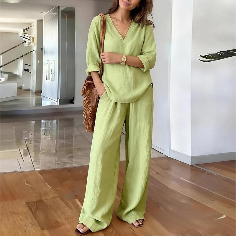 2026 Spring Women's Fashion: Solid Color V-neck Long Sleeve Top & Long Pants Set