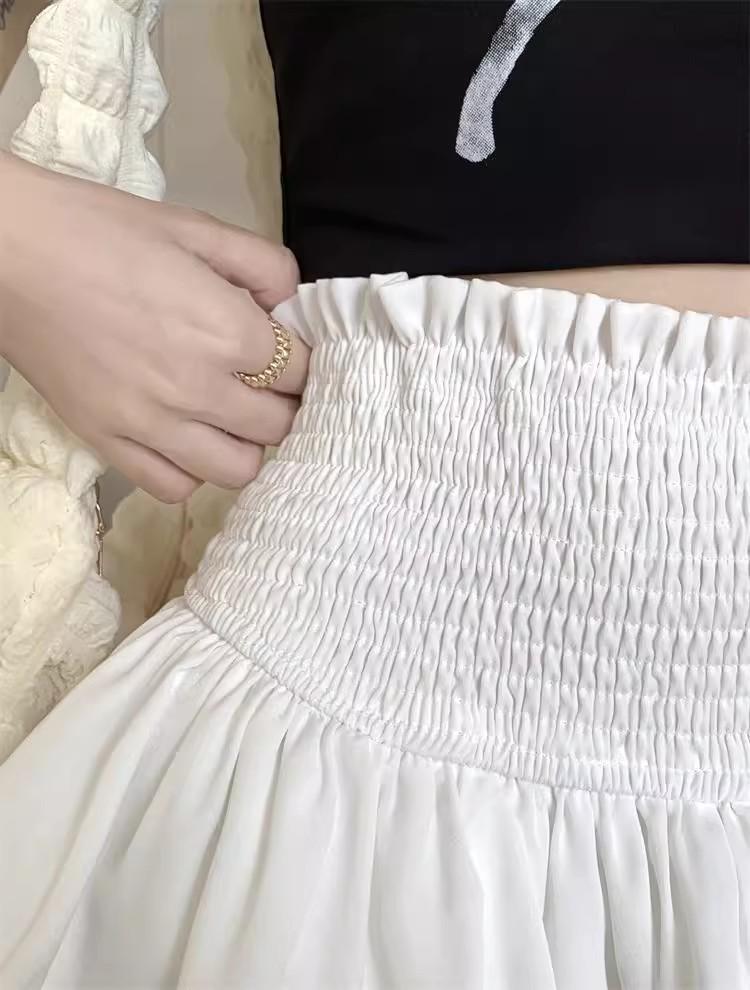 White Pleated High Waist A-Line Mini Skirt for Women - Summer Petite Slimming Design