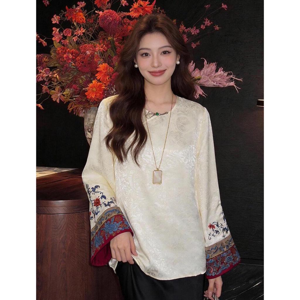 Rong Tai Women's 2026 Spring Frog Button Silk Jacquard Long Sleeve Shirt - Slimming Chinese Style Top