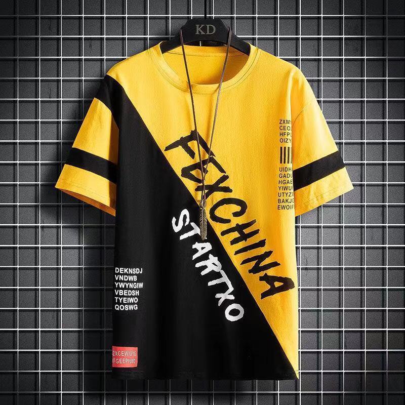 Men's Trend Letter Print Tops Tees Summer Short Sleeve O-neck Plus Size Contrast Loose T Shirts Fashion Casual Clothing
