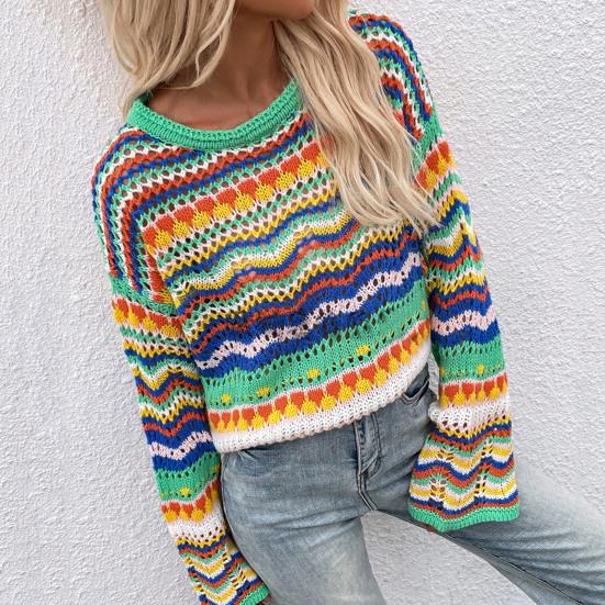 Loose Casual Women Sweater Round Neck Long Sleeve Contrasting Color Stripe Knitted