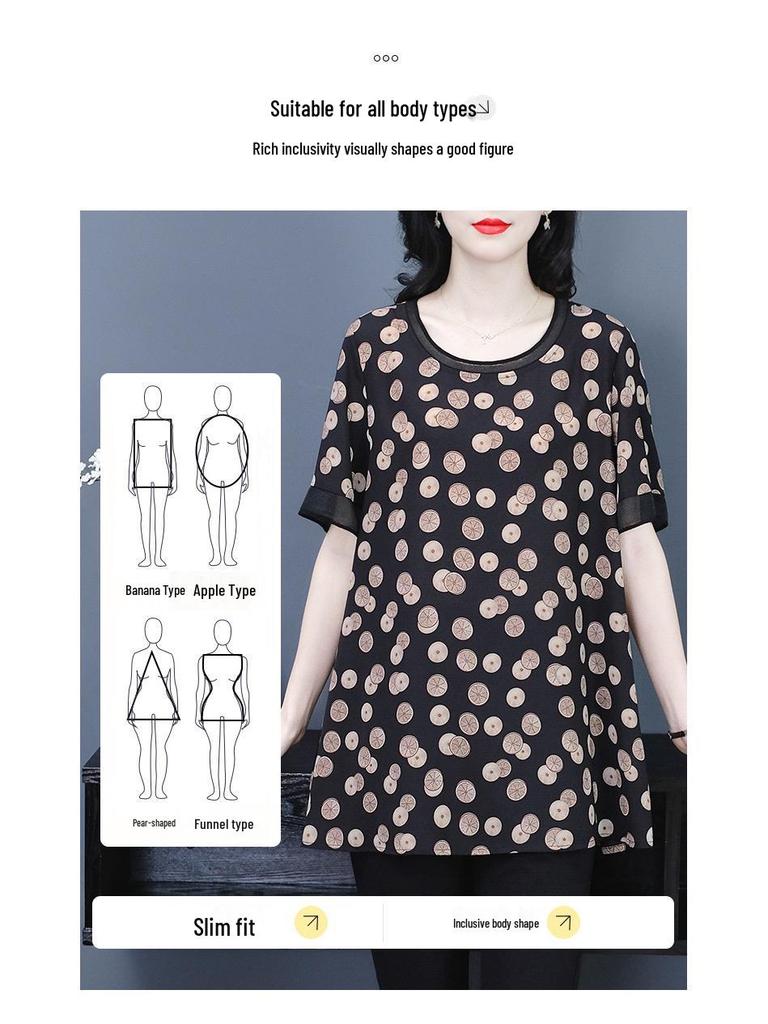 2025 Summer Print Loose Plus Size Chiffon Shirt for Middle-Aged Women