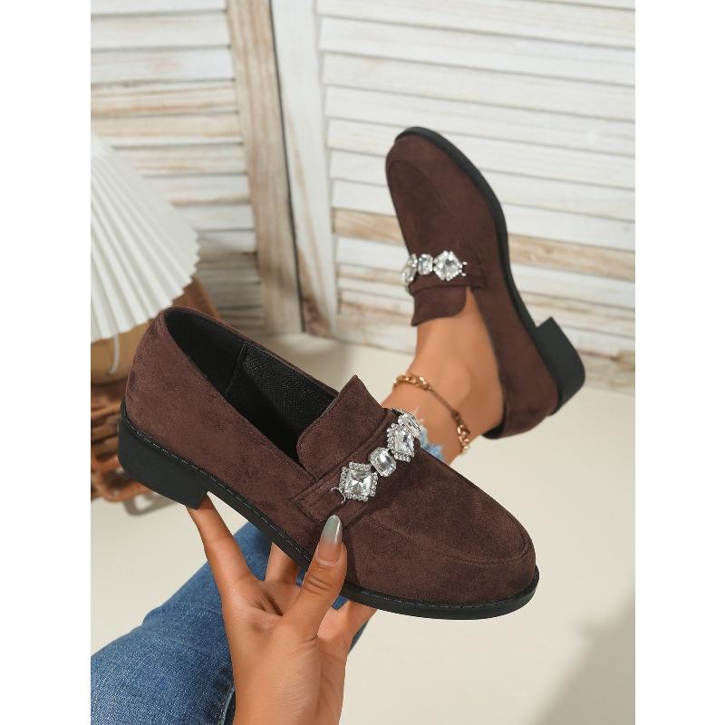 2025 Autumn New Rhinestone Suede Low-Top Shoes Thick Heels British Loafers Women