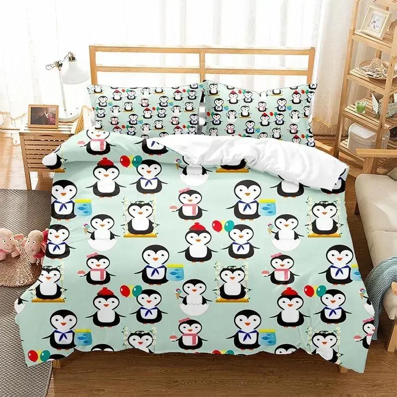 Cute Penguin Cartoon Animals Comfortable Duvet Quilt Cover Pillowcase Bedding Set Children Bedroom Decoration Home Textile