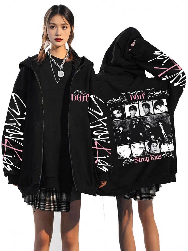 Sudadera con capucha estampada suelta con cremallera Harajuku de Stray Kids En stock