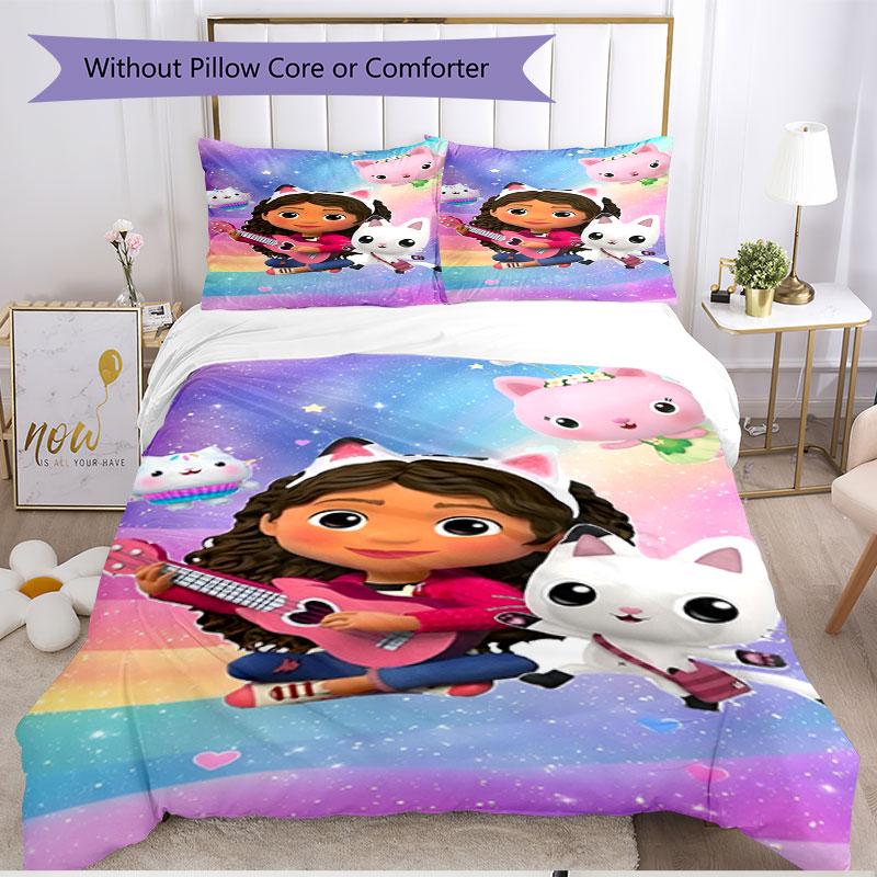 Set cuvertură de pilota 3 buc (1 * Husă de pilota + 2 * Față de pernă, Fără Miez), Set de așternut moale pentru toate anotimpurile cu imprimeu Casa Păpușilor a lui Gabby, Cadou Decor Dormitor Acasă