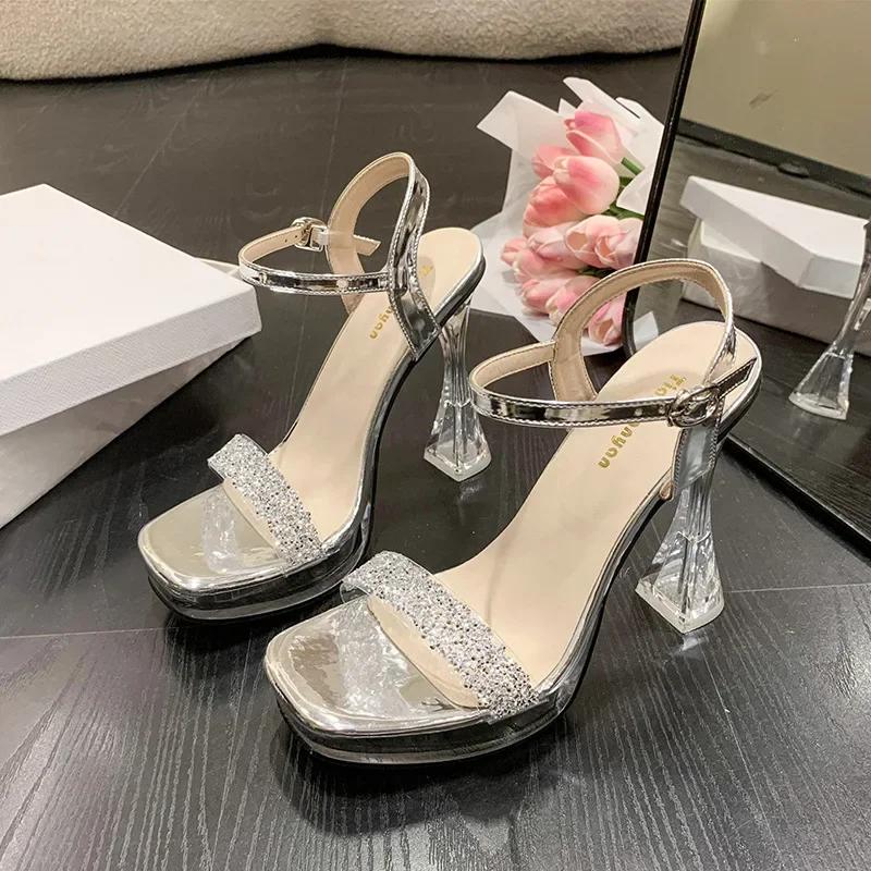 Fashion 2025Summer Ladies Bridal Sandals Transparent Thin Heels Buckle Strap Waterproof Platform Rhinestone  Party Shoe
