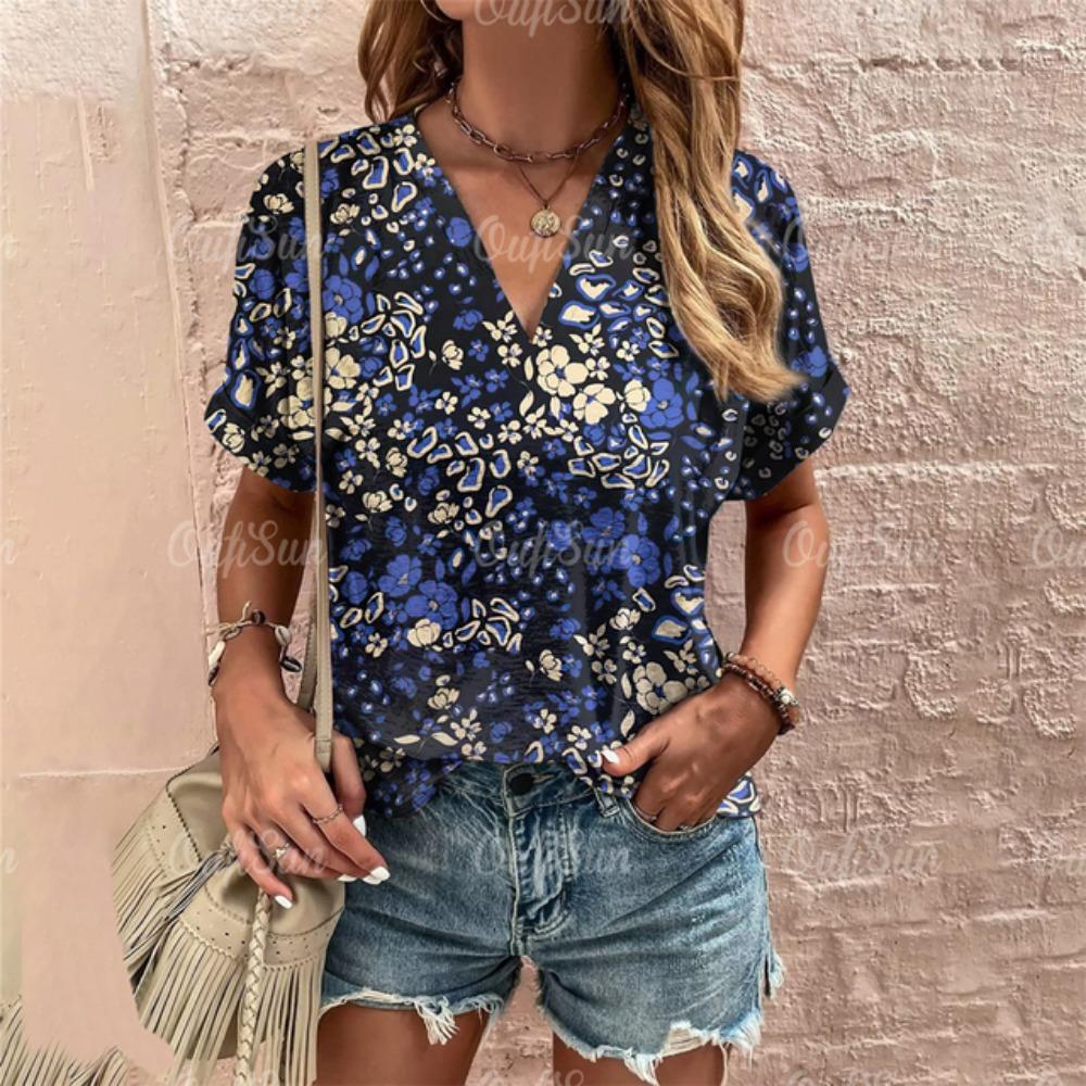 

Женская мода с V-образным вырезом и коротким рукавом, свободная одежда больших размеров, повседневные футболки с мятым цветочным принтом, уличная одежда, повседневные женские топы 4XL