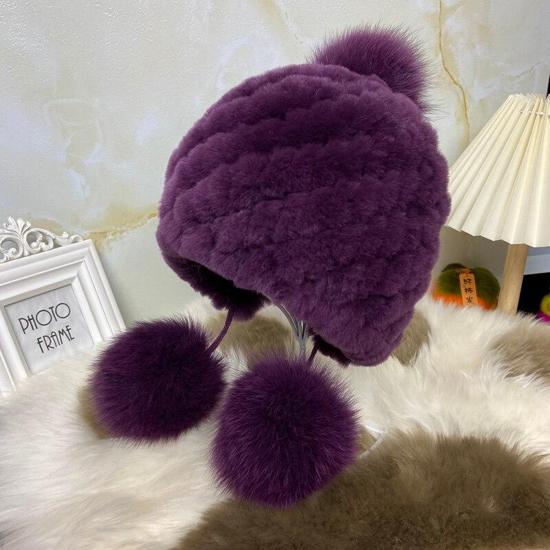 New Rex Rabbit Fur Hat Women Winter Pompom Ball Hats Warm Fluffy Soft Elastic Girls Women Natural Fur Hats
