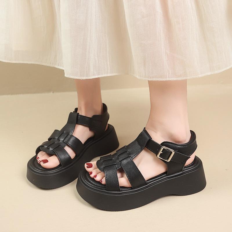 

Fashion New Real Soft Leather Thick Shoes Roman Sandals Women s Platform Bottom Hollow Non-slip Soft Bottom Casual Beach Shoes Women 35 чёрный