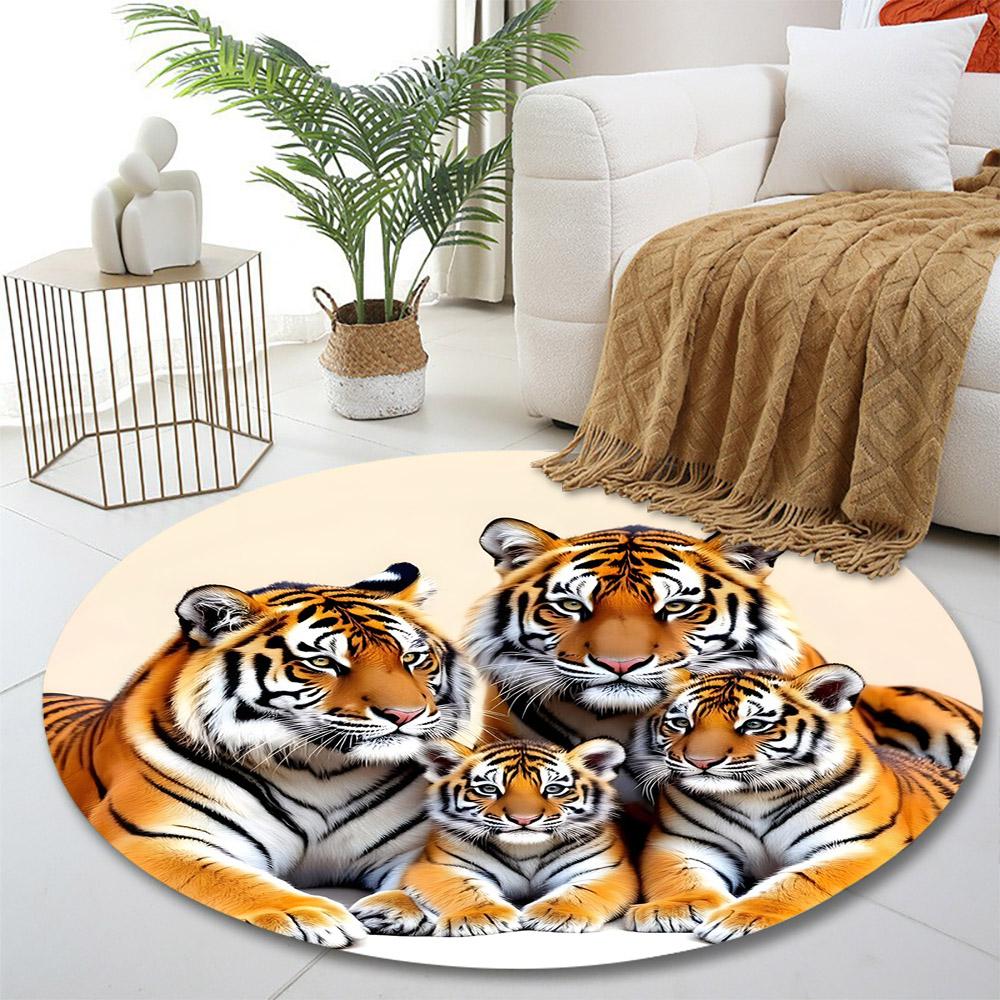 Tiger Family Portrait Print Round Rug, Living Room, Bedroom, Playroom Carpet, Non Slip Floor Mat, Gift