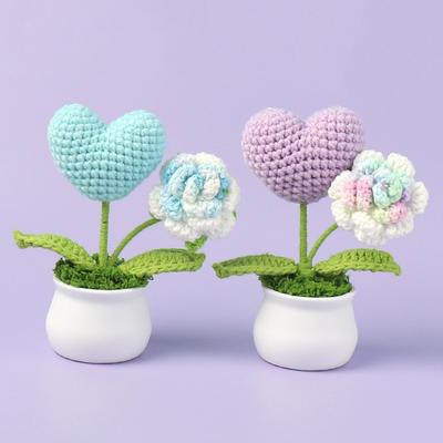 Heart-shaped Crochet Flower Pot Lovely Hand-woven Flowers Table Bookshelf Decoration Knitting Flower Gift