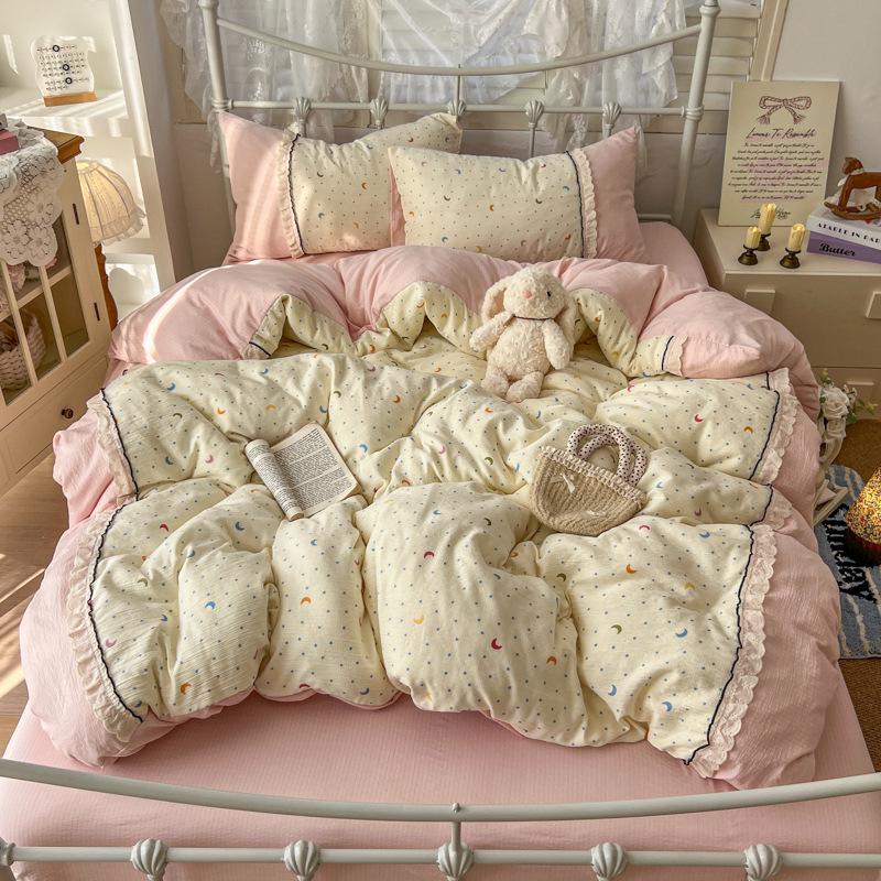 Korean Style Lace Skin-Friendly Double Layer Gauze Printed Bedding Set - Three or Four Pieces
