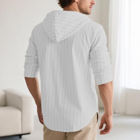Men Stripe Hooded Shirt Linen Long Sleeve Button Down Shirt