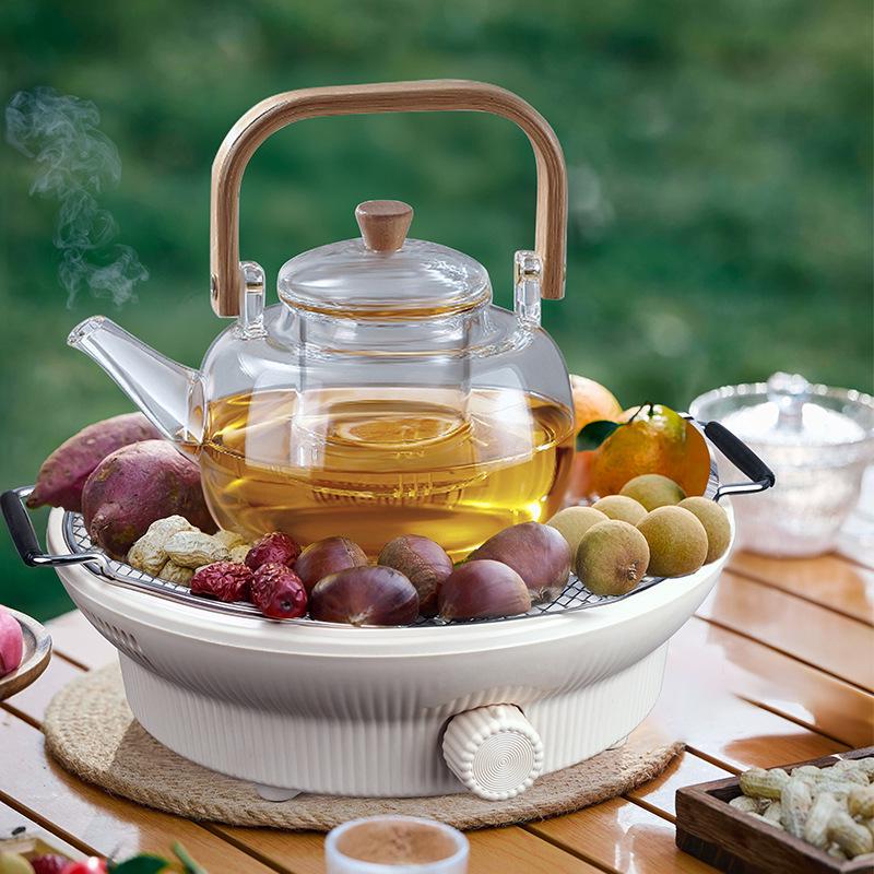 Stylish Indoor Electric Tea Stove Set with Glass Pot & Ceramic Burner for Boiling Tea, Dried Fruits, or Roasted Milk Flower Tea.