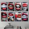 Sexy Woman Red Lips Money Rose Wall Art Posters Modern Home Living Room Bedroom Decorative Canvas Painting Picture Print Artwork