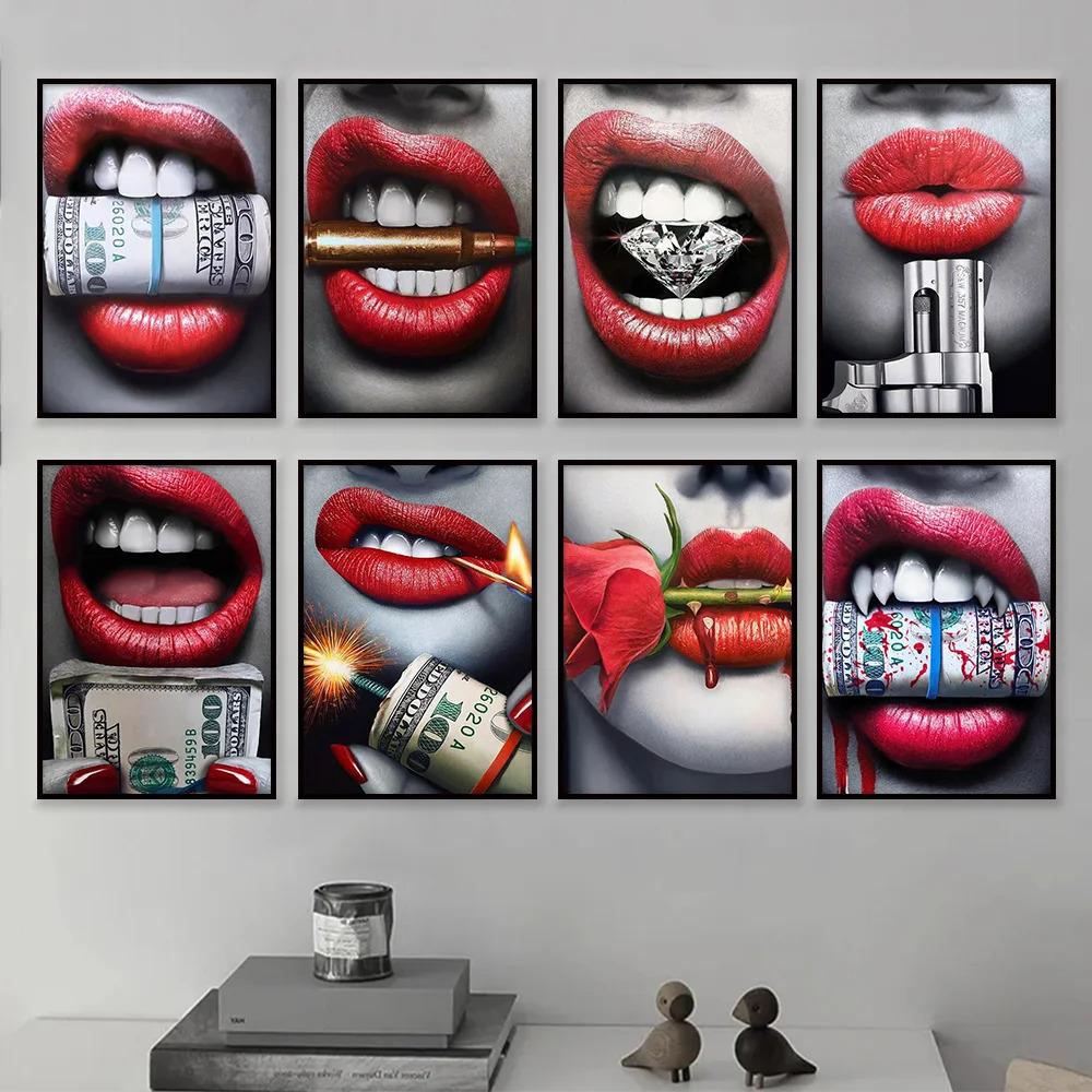 Sexy Woman Red Lips Money Rose Wall Art Posters Modern Home Living Room Bedroom Decorative Canvas Painting Picture Print Artwork