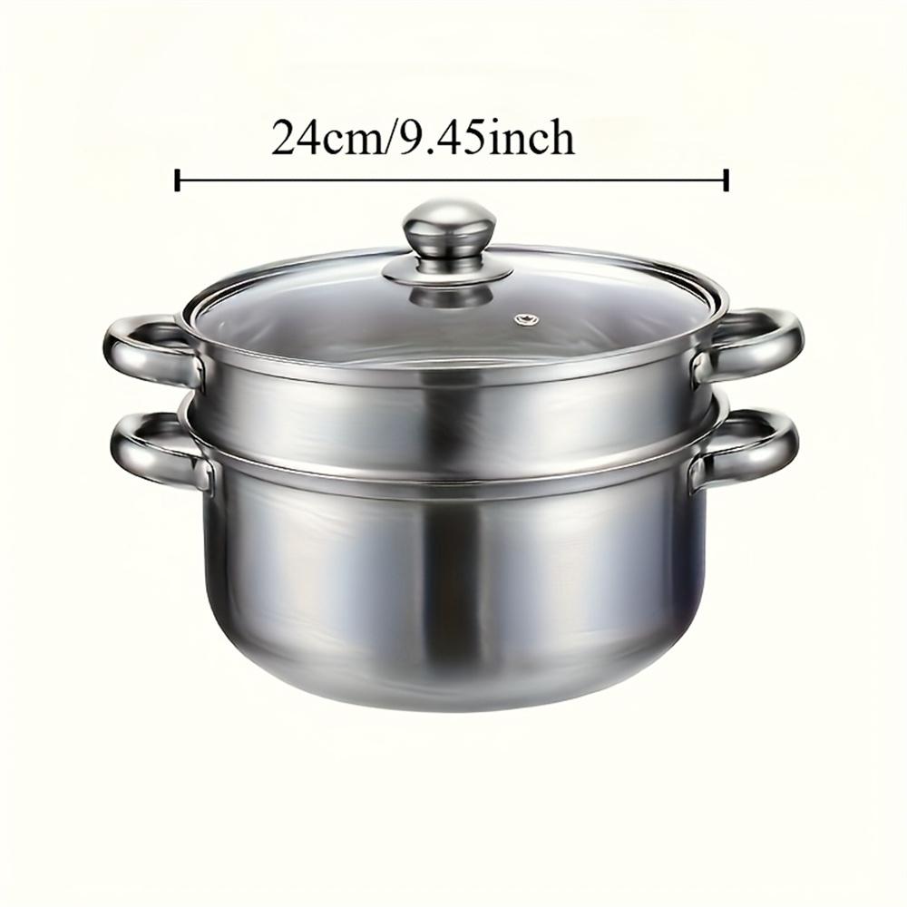 Heat resistant cooking utensil 9.45-inch large stainless steel steamer and soup pot 2-in-1, durable, suitable for induction cook