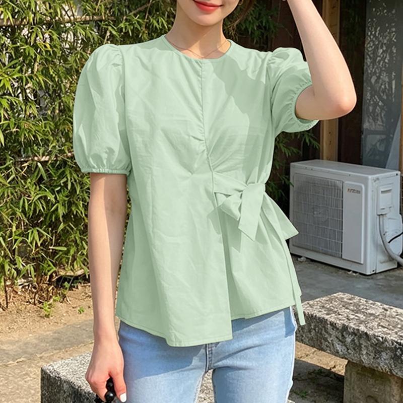 ZANZEA Women Casual Round Neck Solid Color Puff Short Sleeve Blouse M зелёный
