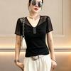 New 2026 Summer V-Neck Short Sleeved Women's T-Shirt Fashion Sexy Hot Diamonds Mesh Tees Streetwear Girl Slim Tops Blouse