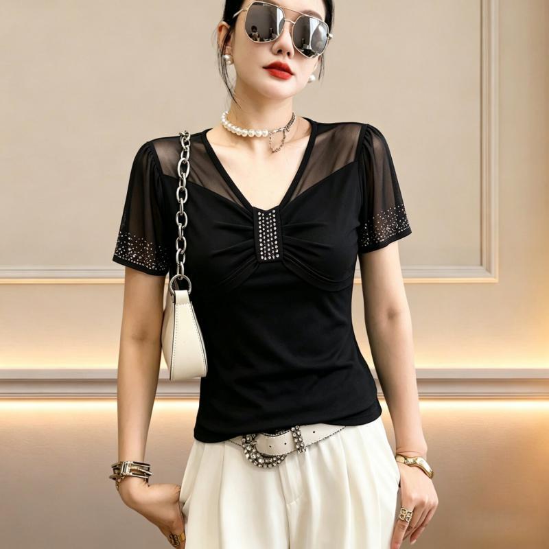 New 2026 Summer V-Neck Short Sleeved Women's T-Shirt Fashion Sexy Hot Diamonds Mesh Tees Streetwear Girl Slim Tops Blouse
