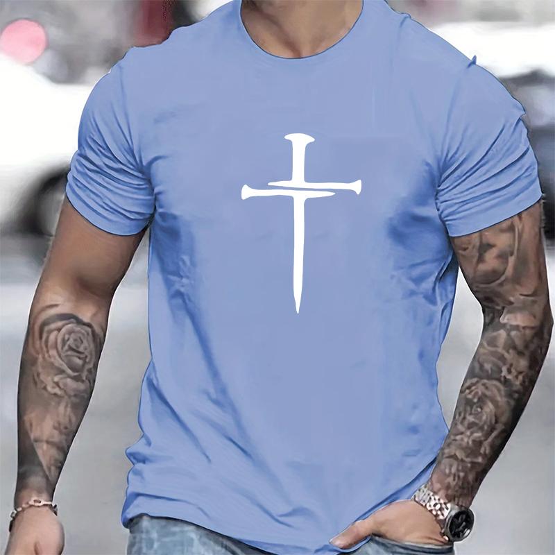 Cotton short sleeved men's T-shirt with cross pattern printed on it, men's summer outdoor clothing, daily style, fashionable and