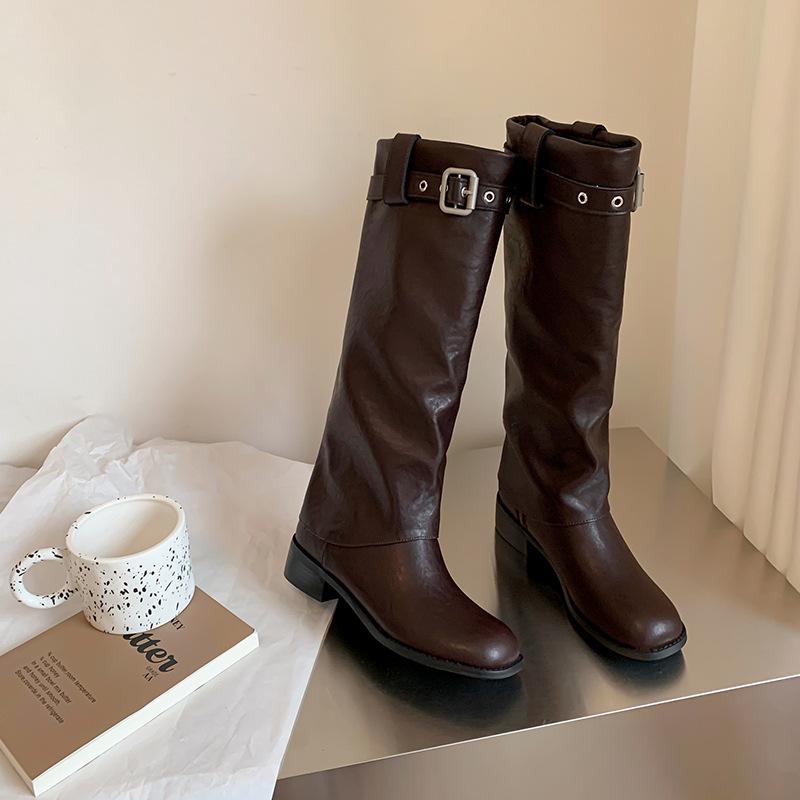 

Spice Girls Skinny Tall Pants Boots But Knee Belt Buckle Square Heel Knight Boots Thick Western Cowboy Boots Women s Winter 39 темно-коричневого